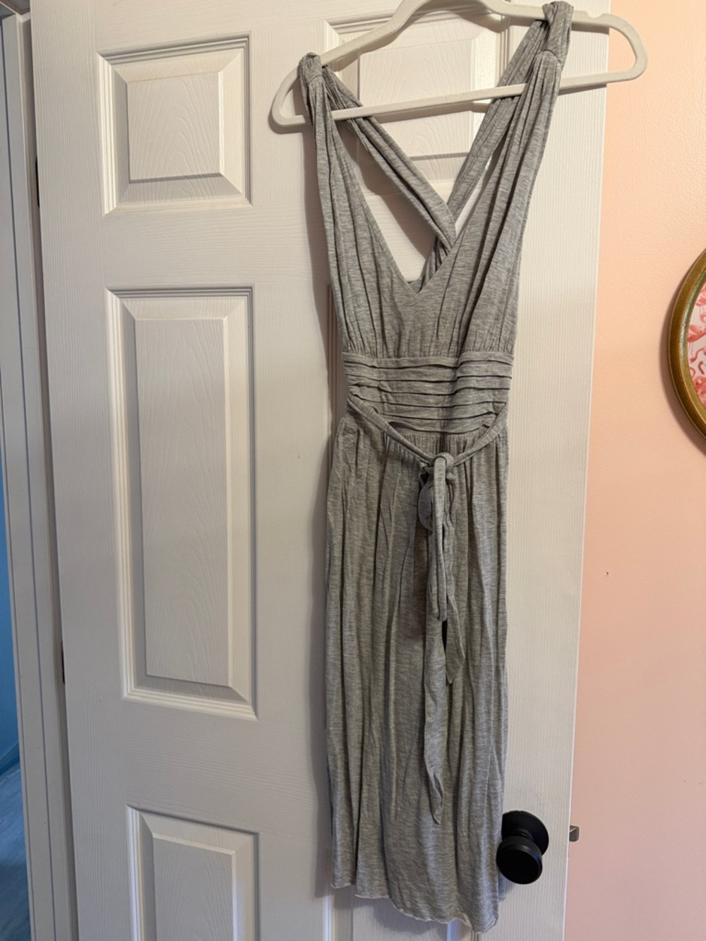 Club Monaco Light Gray Sleeveless V-Neck Tie-Waist Midi Dress